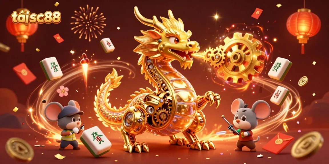 Engage in the excitement of tải sc88 with a golden dragon, floating mahjong tiles, and celebratory elements.
