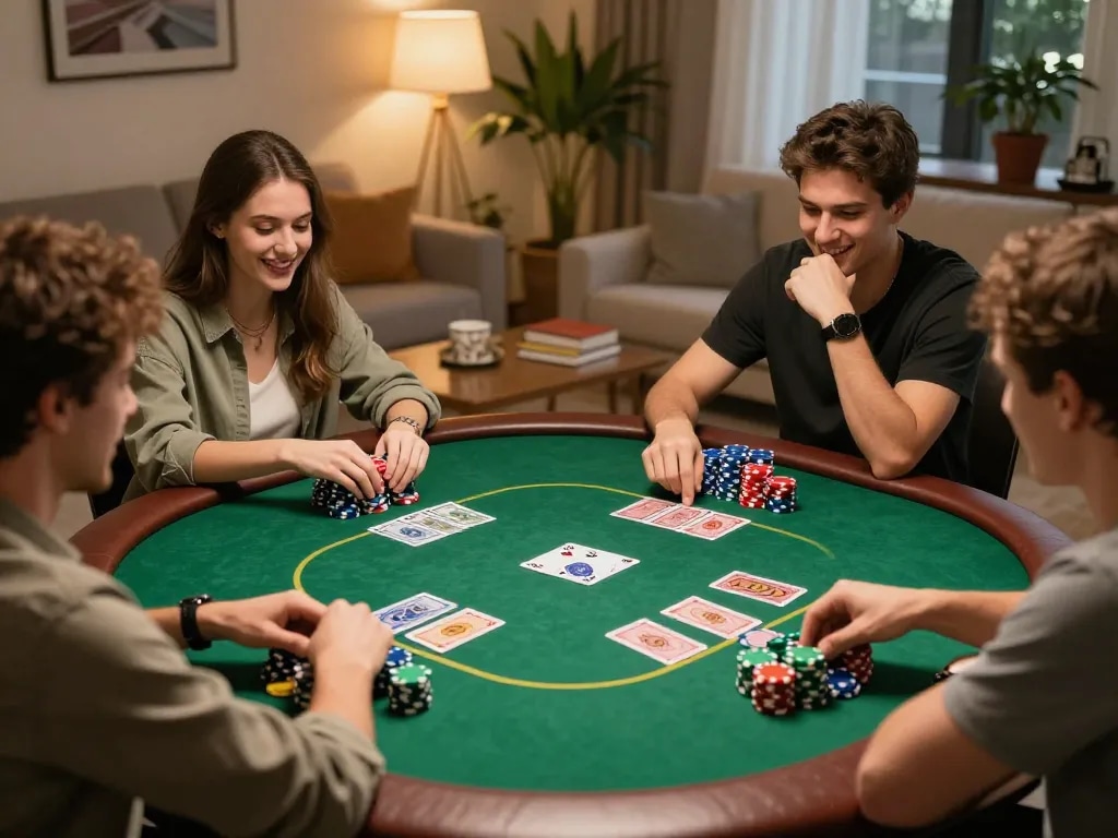 Friends enjoy a lively poker game at home on dagago platform, showcasing strategy and fun.