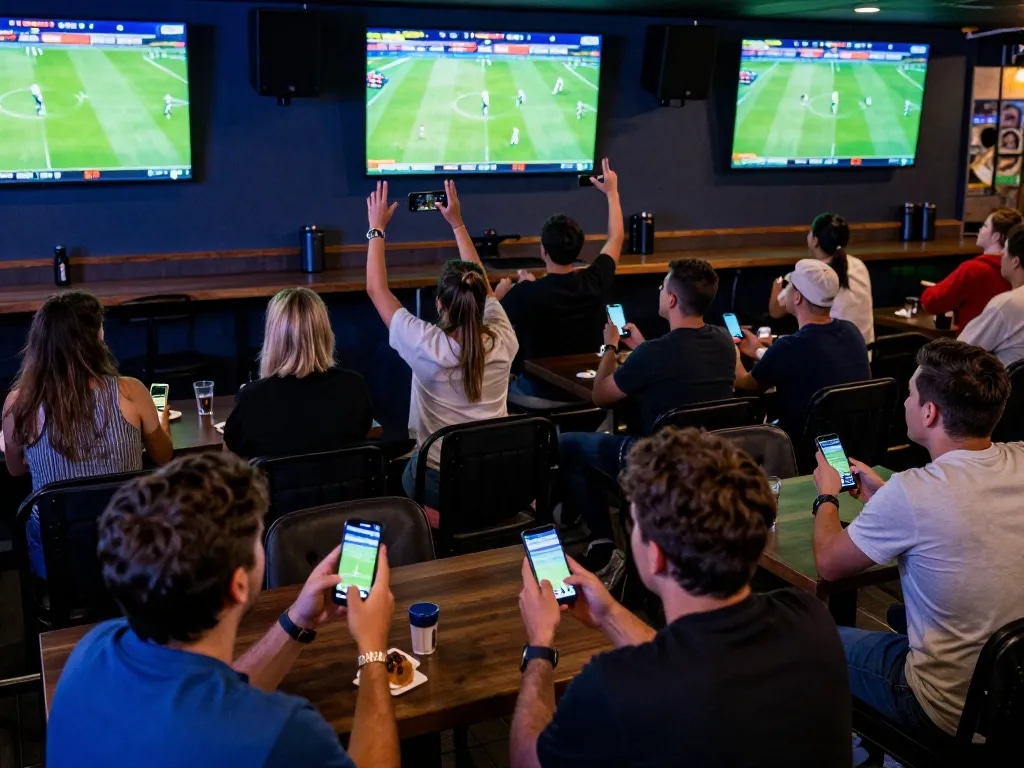 Kết quả bóng đá displayed on multiple screens in a lively sports bar as patrons engage in real-time betting.