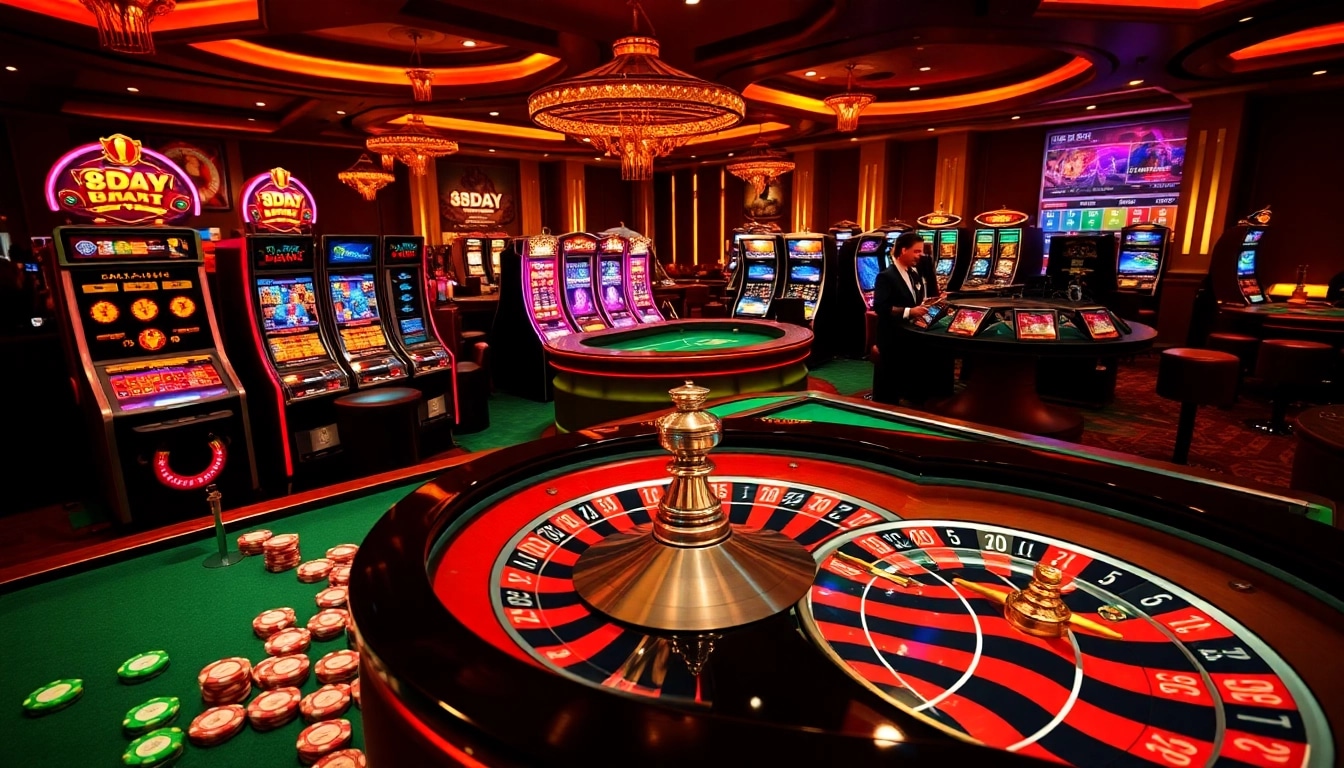 Experience the thrill of 8DAY in a vibrant casino scene filled with tables, slot machines, and excited players.