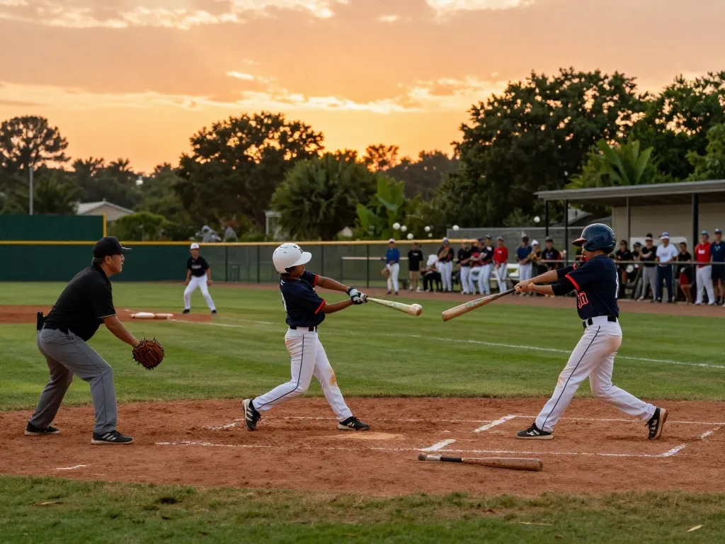 Young athletes practicing at hitclub baseball training during sunset
