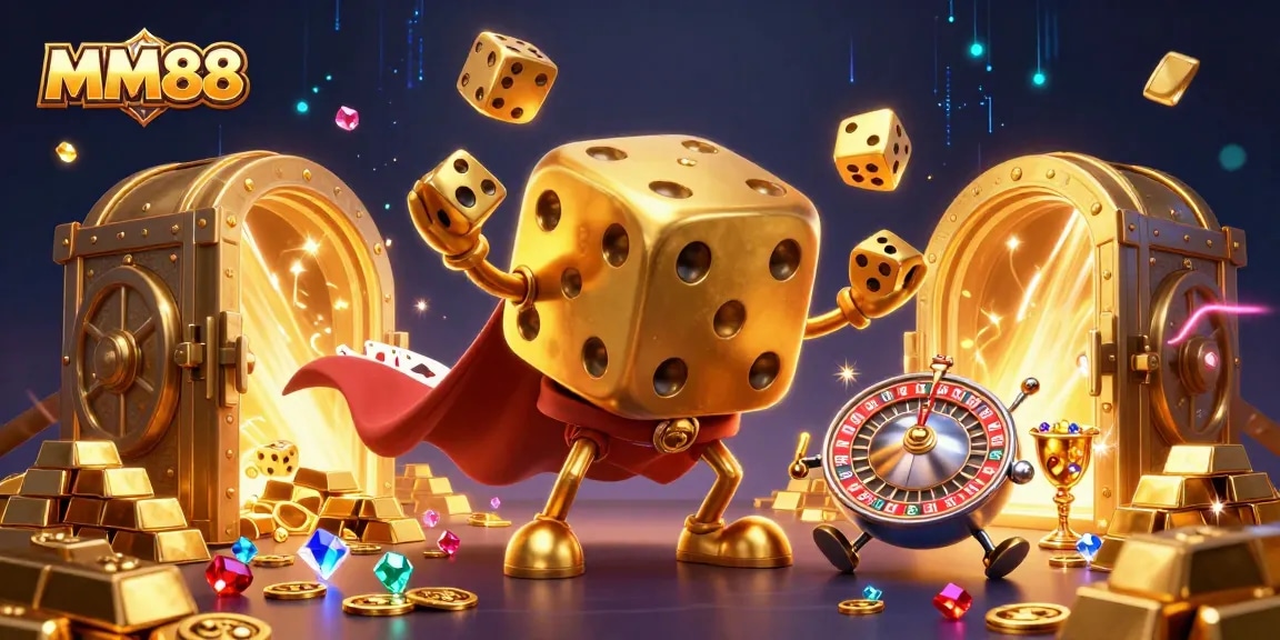 Experience thrilling gaming action at MM88, featuring colorful 3D characters, sparkling jewels, and vibrant casino elements.