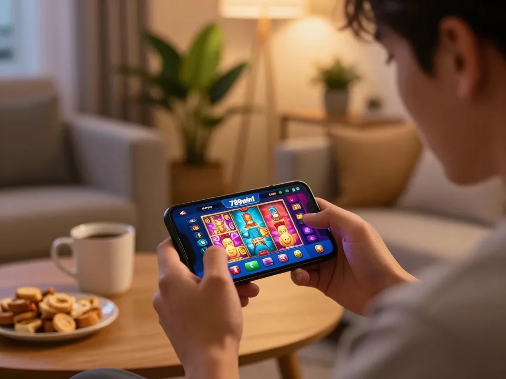 Engaging user experience with 789win1 app, showcasing exciting mobile casino games in a cozy home setting