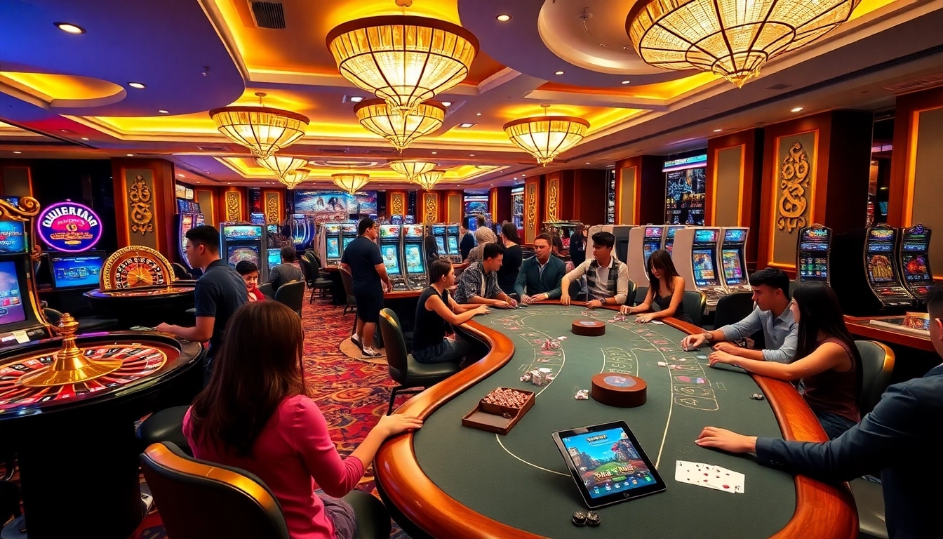 Exciting go88 casino gaming scene with roulette, slot machines, and enthusiastic players.