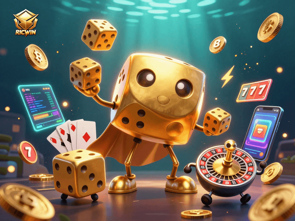 Roll in style with RICWIN: An exciting 3D casino scene showcasing dynamic gaming elements.