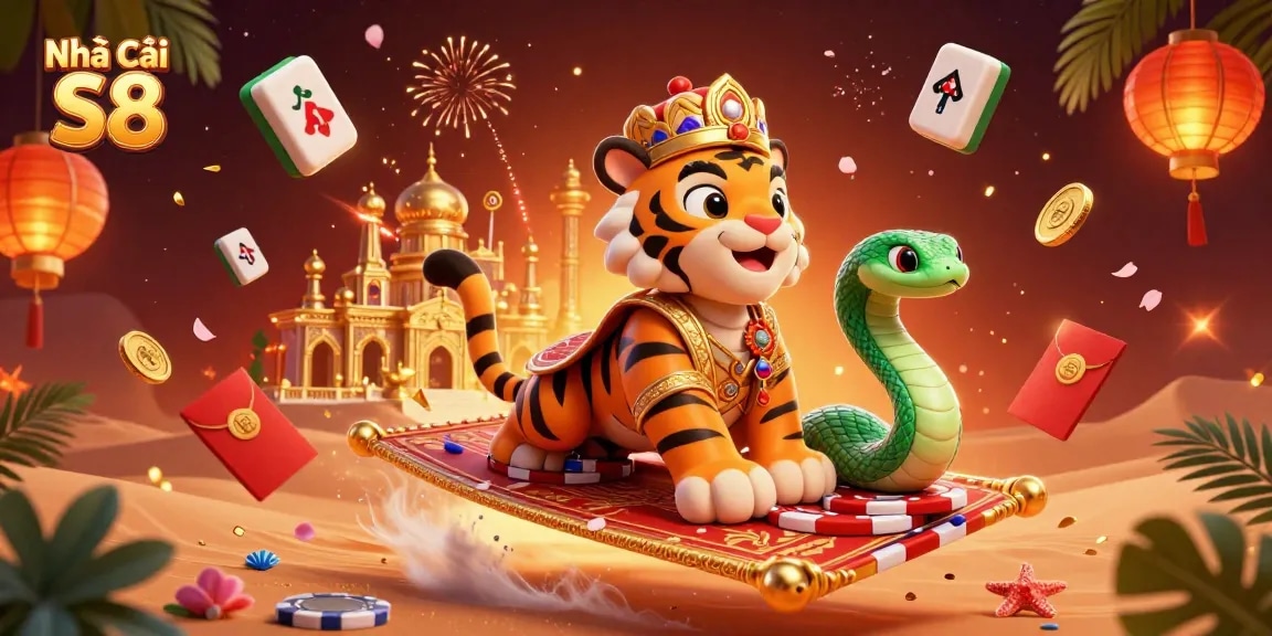 Engage with Nhà Cái S8's lively casino atmosphere featuring a tiger sultan and magic lamp.