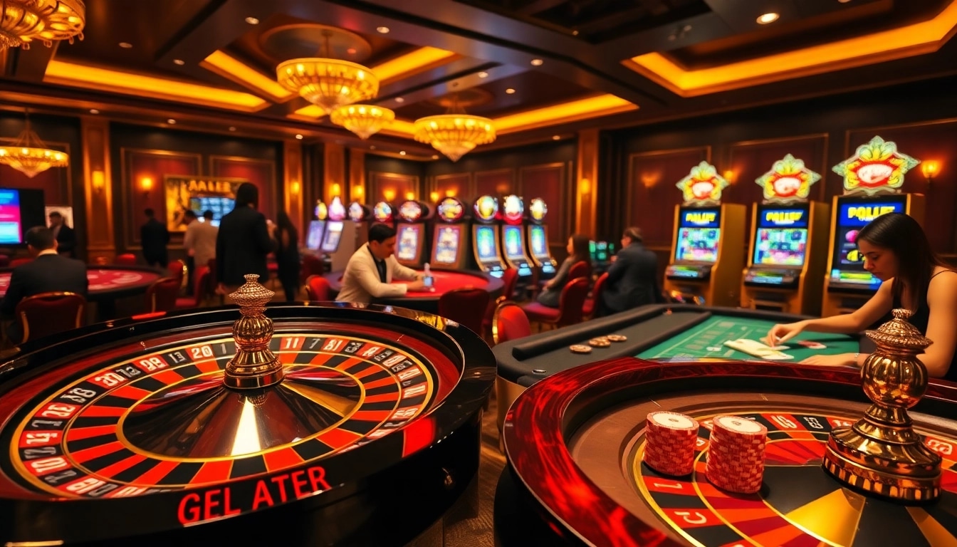 Experience thrilling gameplay at https://nk88zz.bio/, featuring a glamorous casino setting with diverse gaming action.
