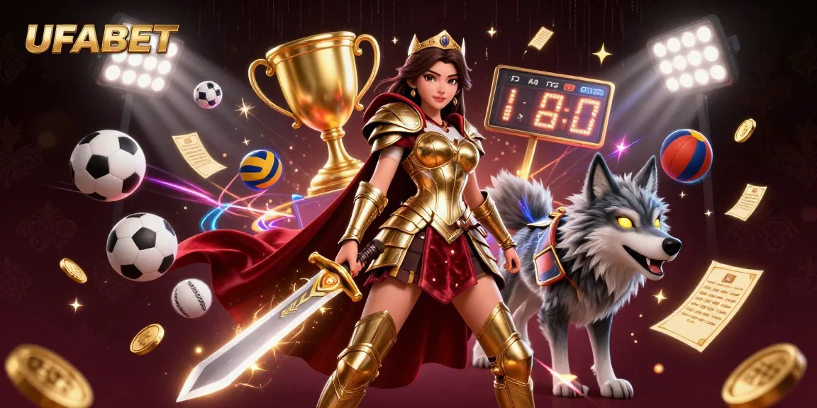 Bet on UFABET with a vibrant, dynamic illustration showcasing sports elements and thrilling energy.
