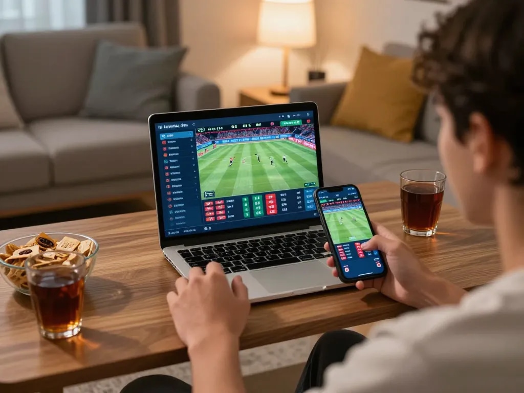 Engaging sports betting at https://lucky88.sbs/ with live odds displayed on laptop and smartphone in a cozy setting.