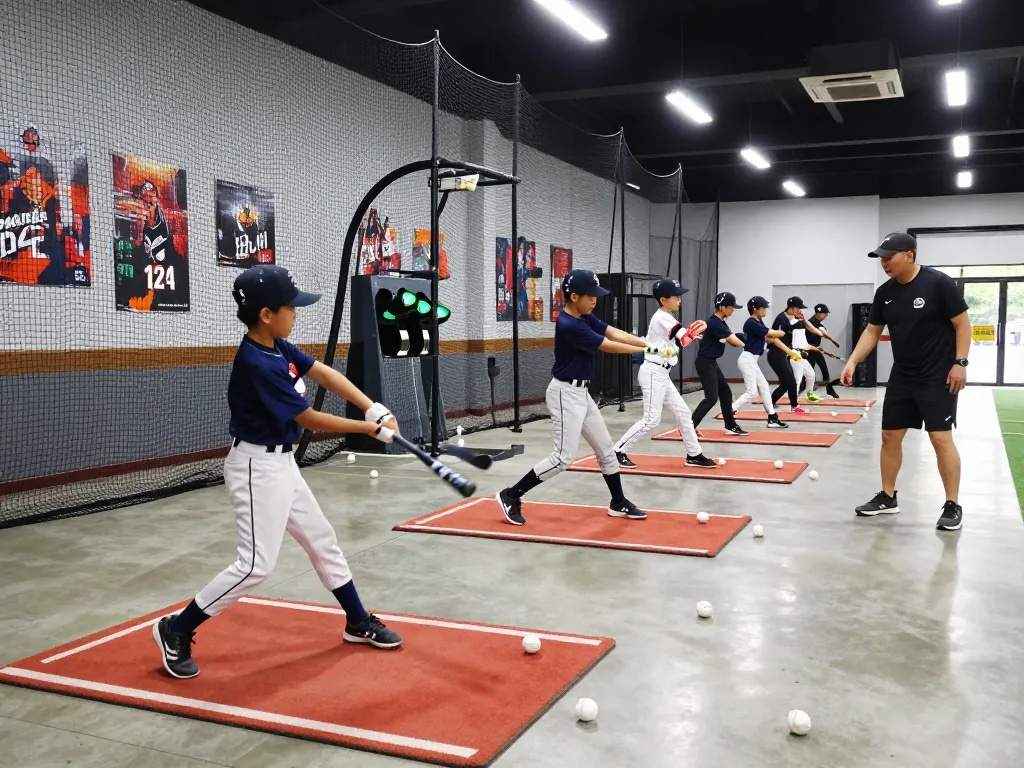 Young athletes training at batting cages in hitclub facility, focused on skill development and teamwork.