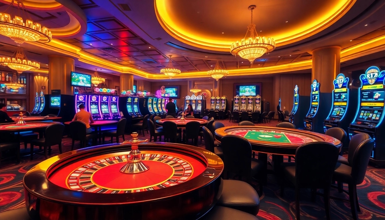 Players enjoying games at https://kuwinblog.com/ with vibrant poker tables and shining slot machines.