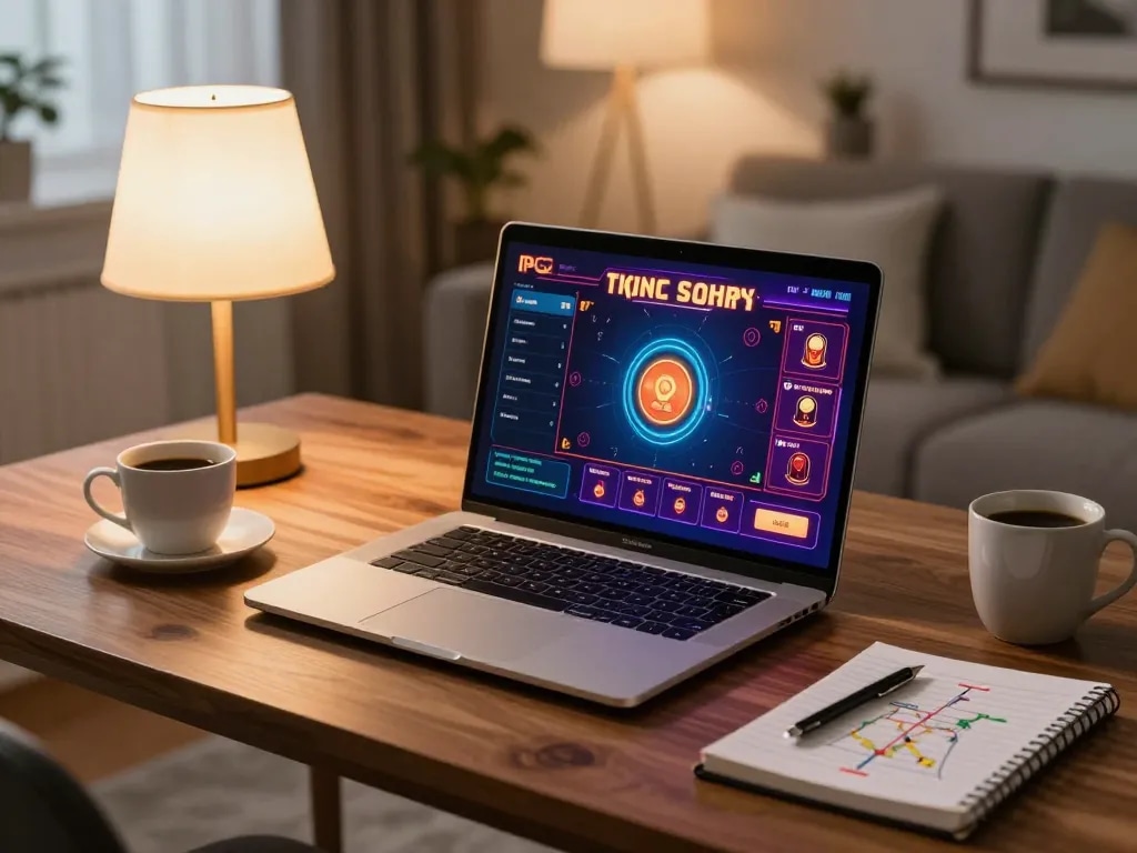 sunwingo player strategizing with laptop and notes at cozy home gaming setup