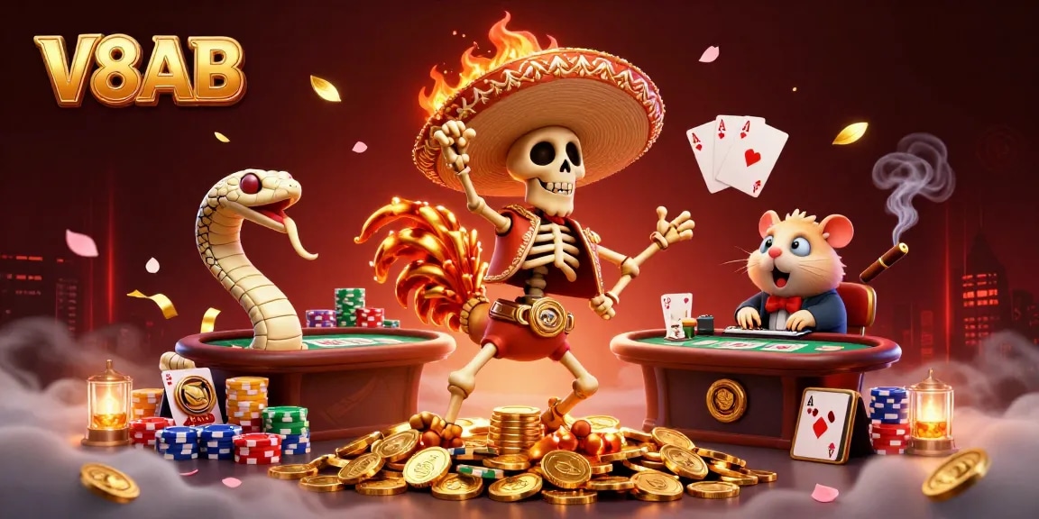 Engage in thrilling poker action with V8AB's dynamic 3D casino scene featuring vibrant characters.