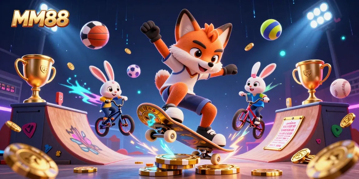 Engage with MM88 as a cartoon fox performs a kickflip over poker chips, surrounded by dynamic sports elements.