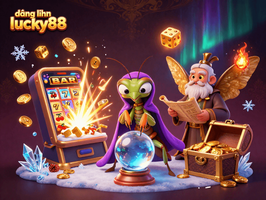 Experience đăng nhập lucky88 with a vibrant 3D casino scene of fortune tellers and jackpots