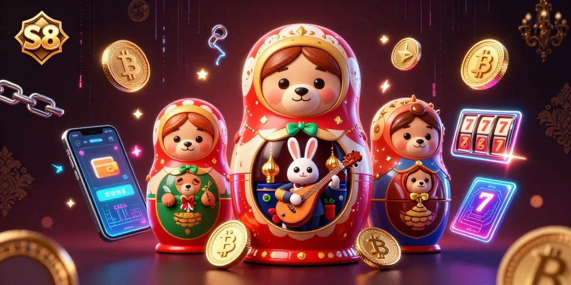 S8 showcases vibrant bears in casino outfits, slot reels, and crypto elements all in a rich digital scene.