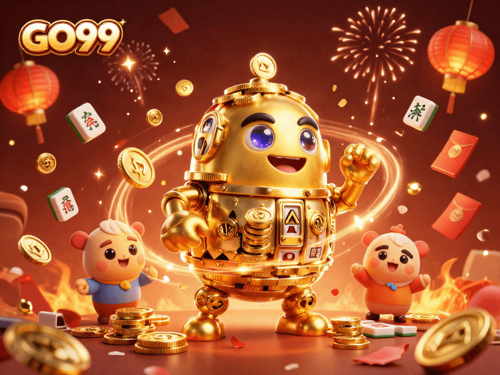Experience GO99 dynamic casino fun with a vibrant golden golem amidst celebration elements.