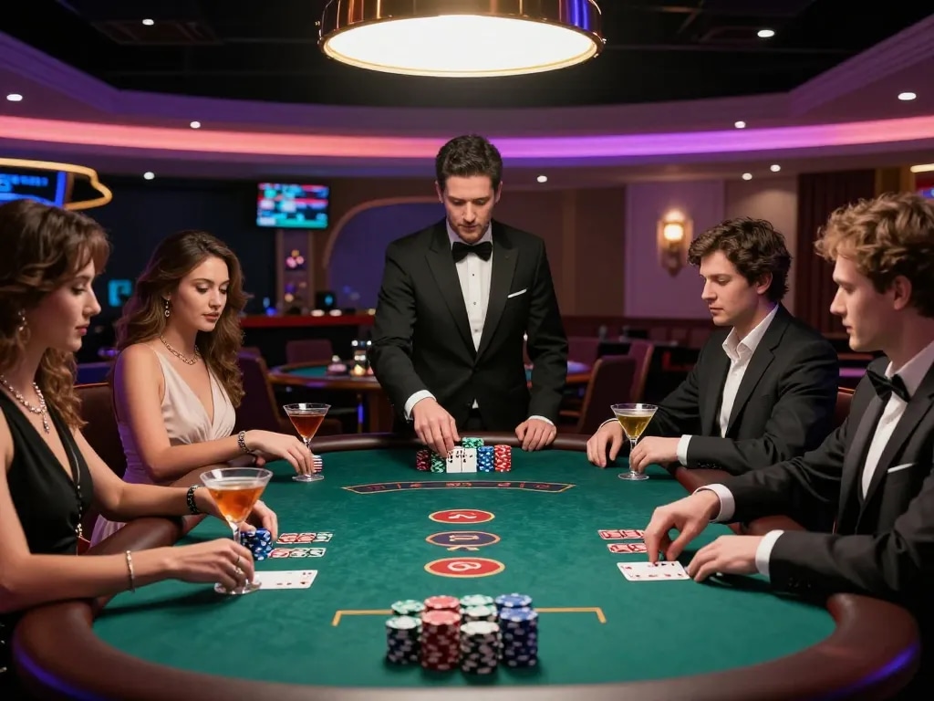 Engaged players at oli 4d poker game, showcasing chips and strategy in a vibrant casino atmosphere.