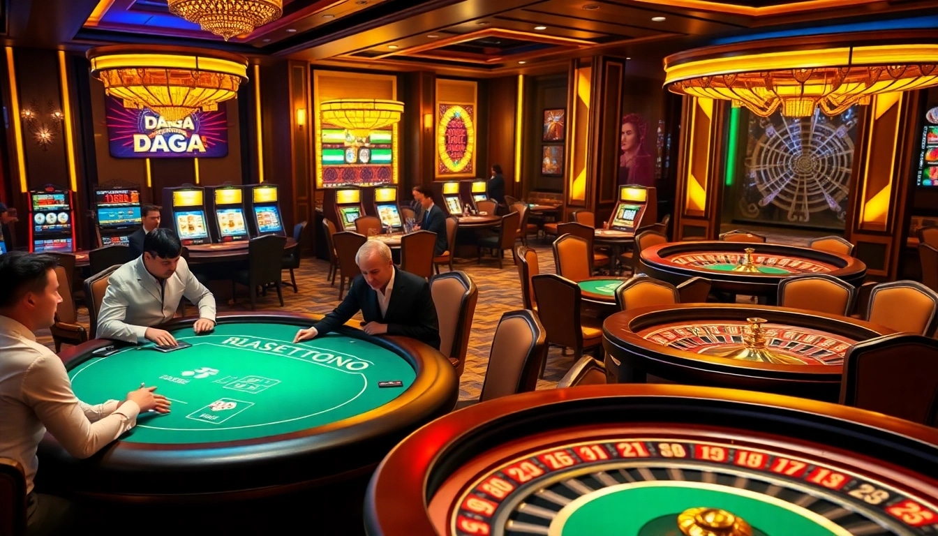 Daga gaming table with professional dealers in a luxurious casino setting.