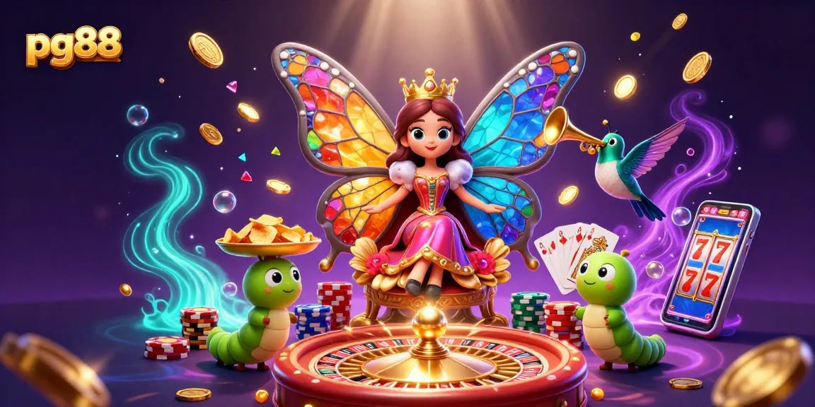 Experience the excitement of pg88 with a vibrant 3D illustration showcasing casino games and rewards.