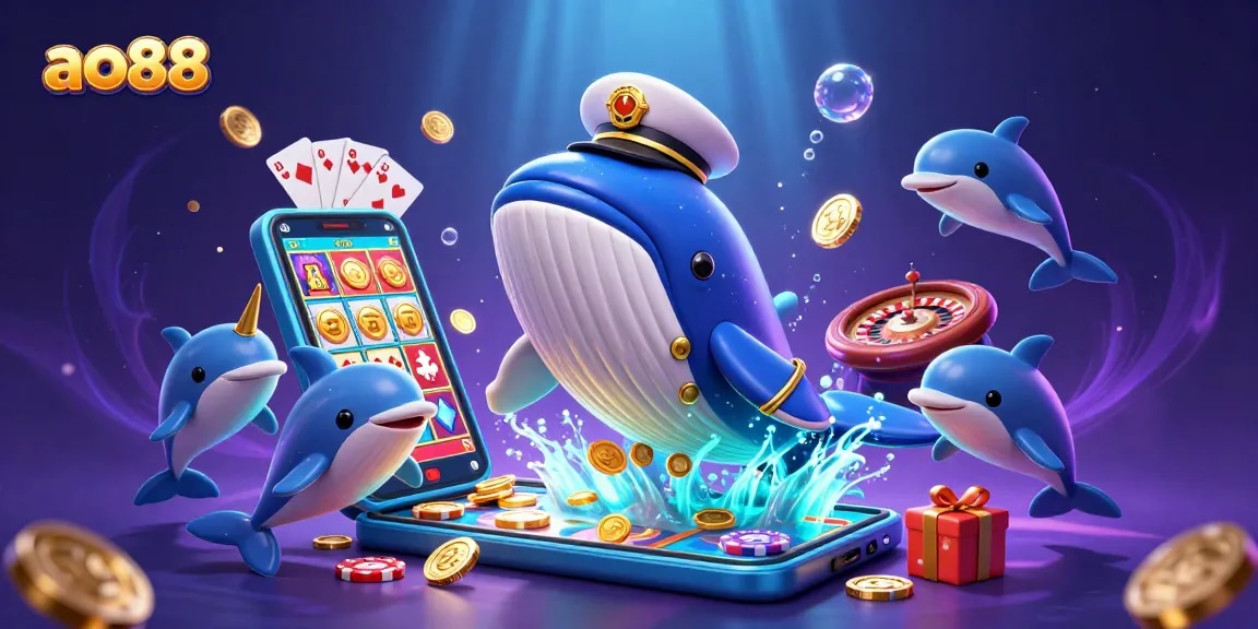 Engage in gaming adventures at ao88, where a whale notable for its captain's attire swims among riches.