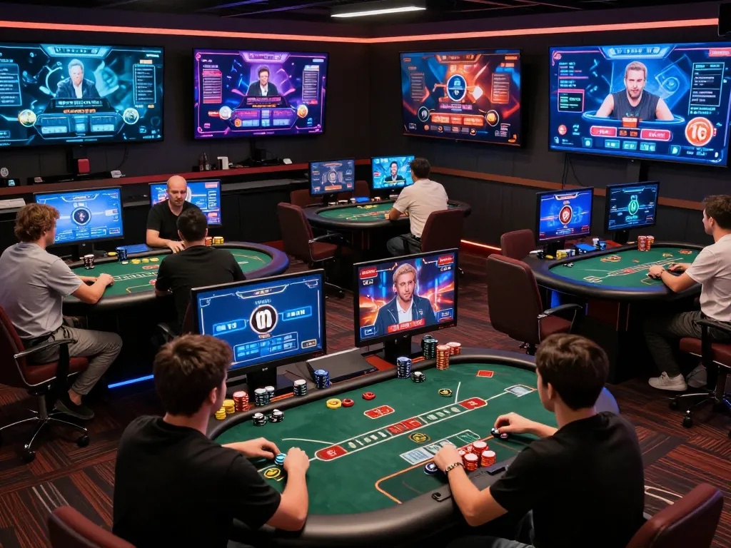 Hitclub players engaging in online poker strategy, focusing on their screens and gameplay