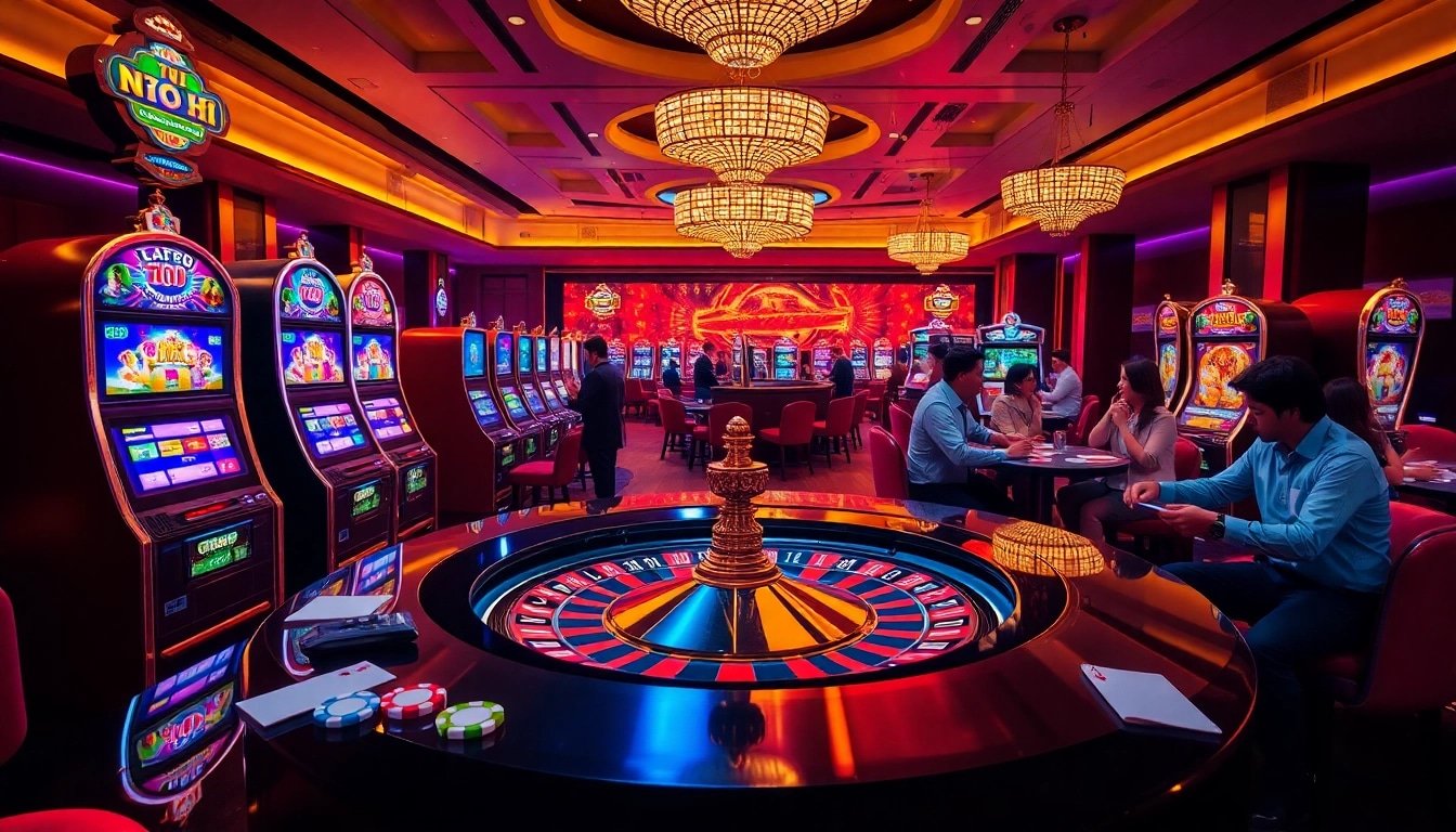 Players enjoy the thrill of nổ hũ slots in a luxurious casino environment, surrounded by vibrant lights and excitement.