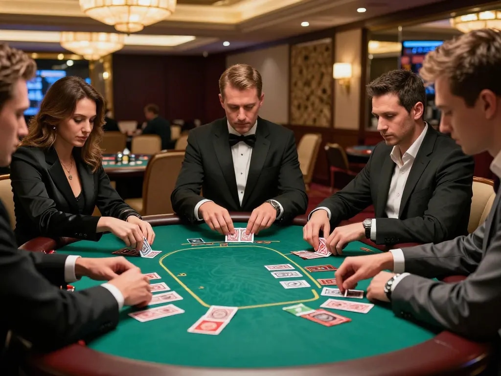 Fly88 trang chủ players engaging in strategic blackjack game at upscale casino.