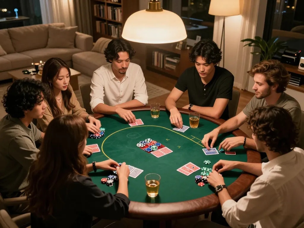 Twin68 friends enjoying an intense game of Texas Hold'em poker at home.
