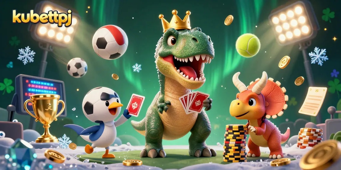 Join the fun at kubettpj as a friendly T-Rex shuffles cards in a high-energy gambling scene.