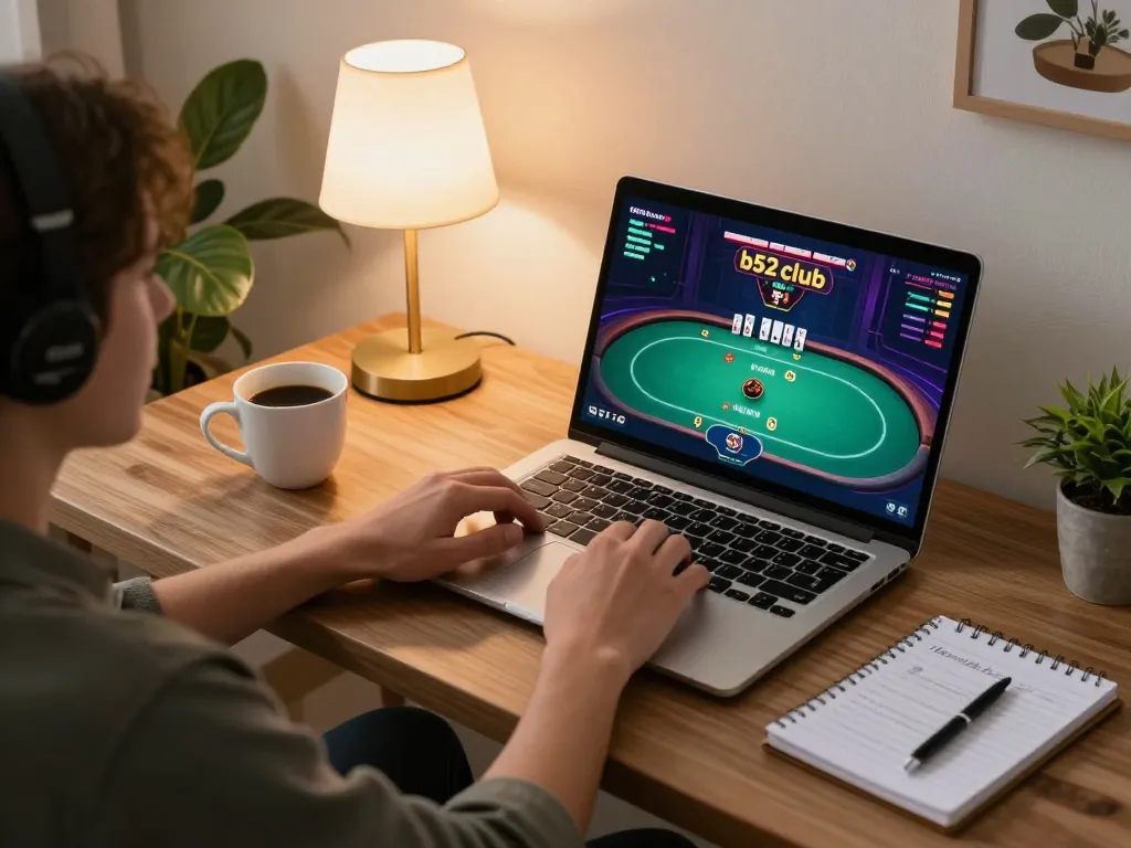 b52club user playing poker online with strategies noted on the table, blending comfort and excitement