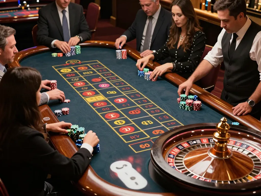 TR88 players placing bets at a roulette table in a vibrant casino atmosphere