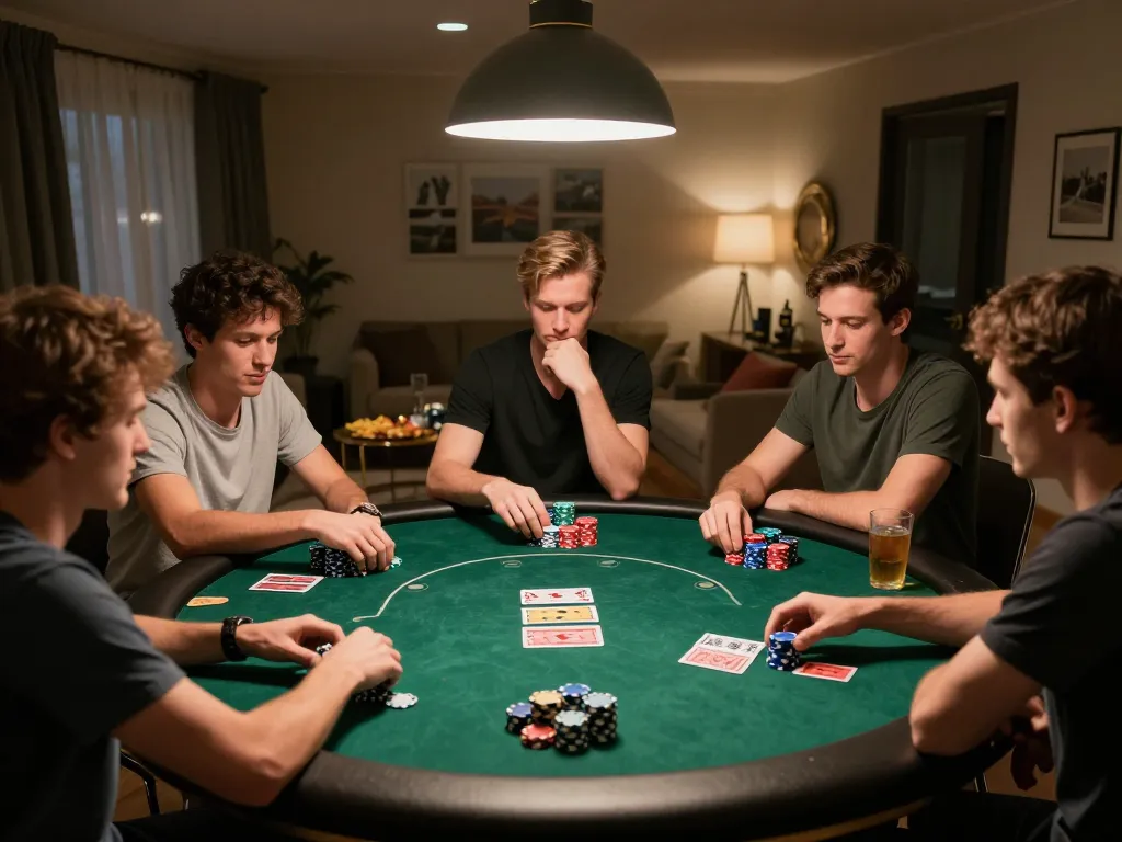 The engaging atmosphere at home poker night, highlighting players enjoying their time at nhà cái hello88 with vibrant chips and cards.