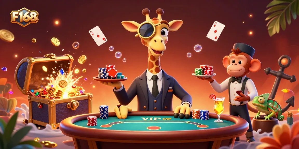 Experience gaming at F168 with a high-rolling giraffe and vibrant casino elements in a spectacular illustration.