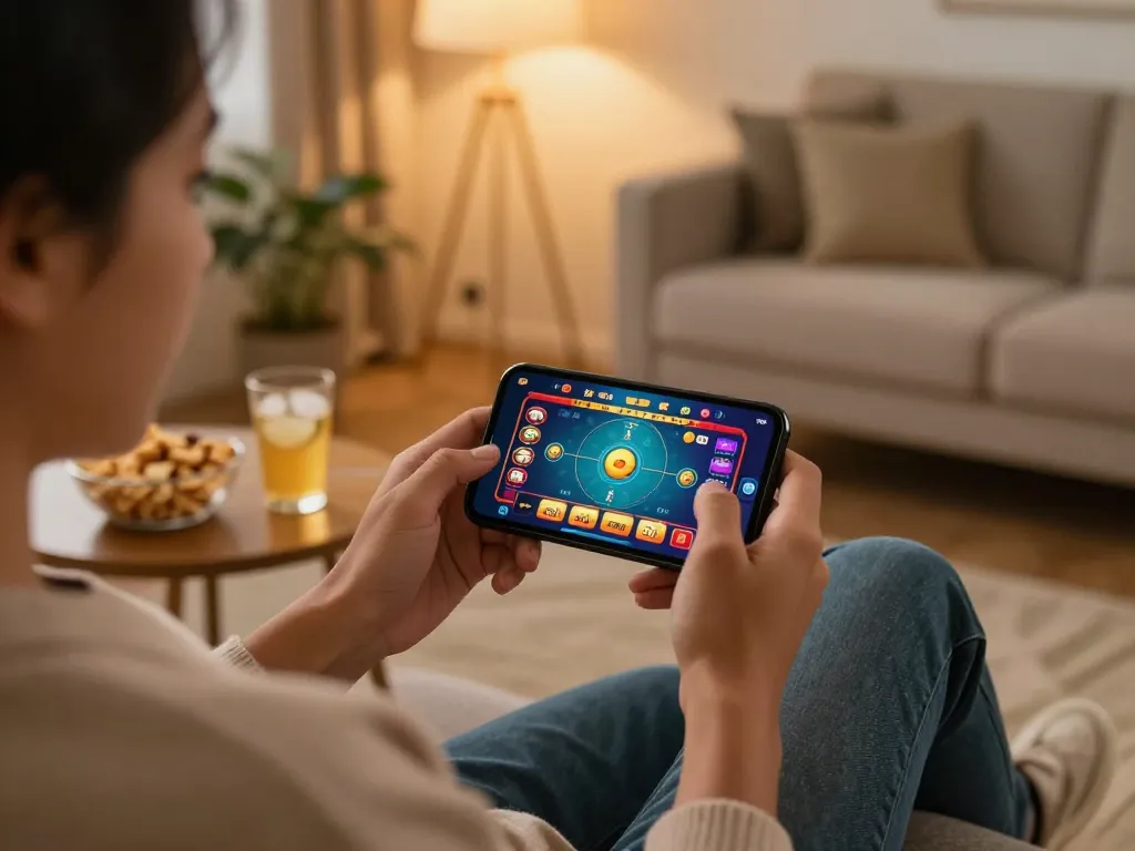 Engaging with cm88com mobile casino app on a smartphone in a cozy living room.