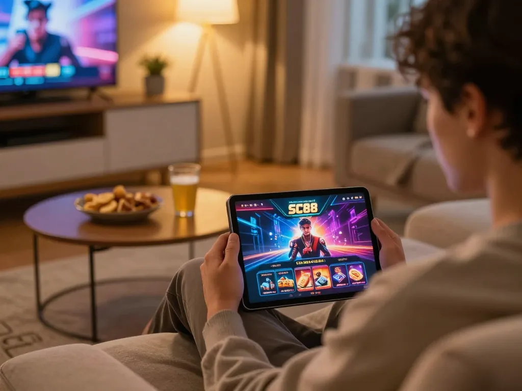 Player engaging with SC88 casino app on tablet, surrounded by snacks and a cozy home ambiance.