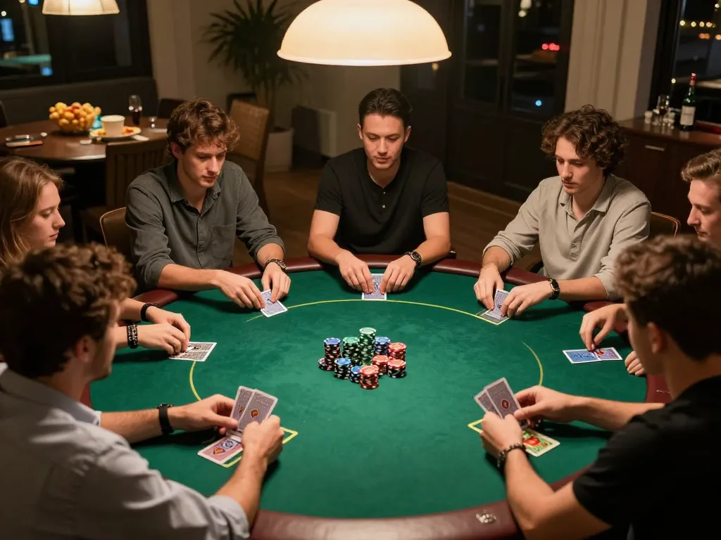 Players engaged in a strategic home poker game night with chips and cards, highlighting MM88 betting strategies.
