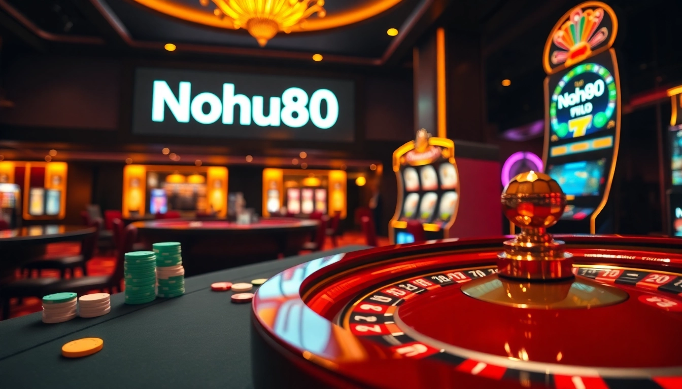 Nohu90 casino scene featuring roulette, poker chips, and a jackpot slot machine.