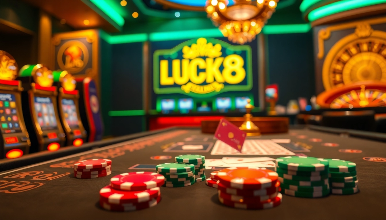 Engage with LUCK8 at a vibrant casino table filled with colorful poker chips and cards.