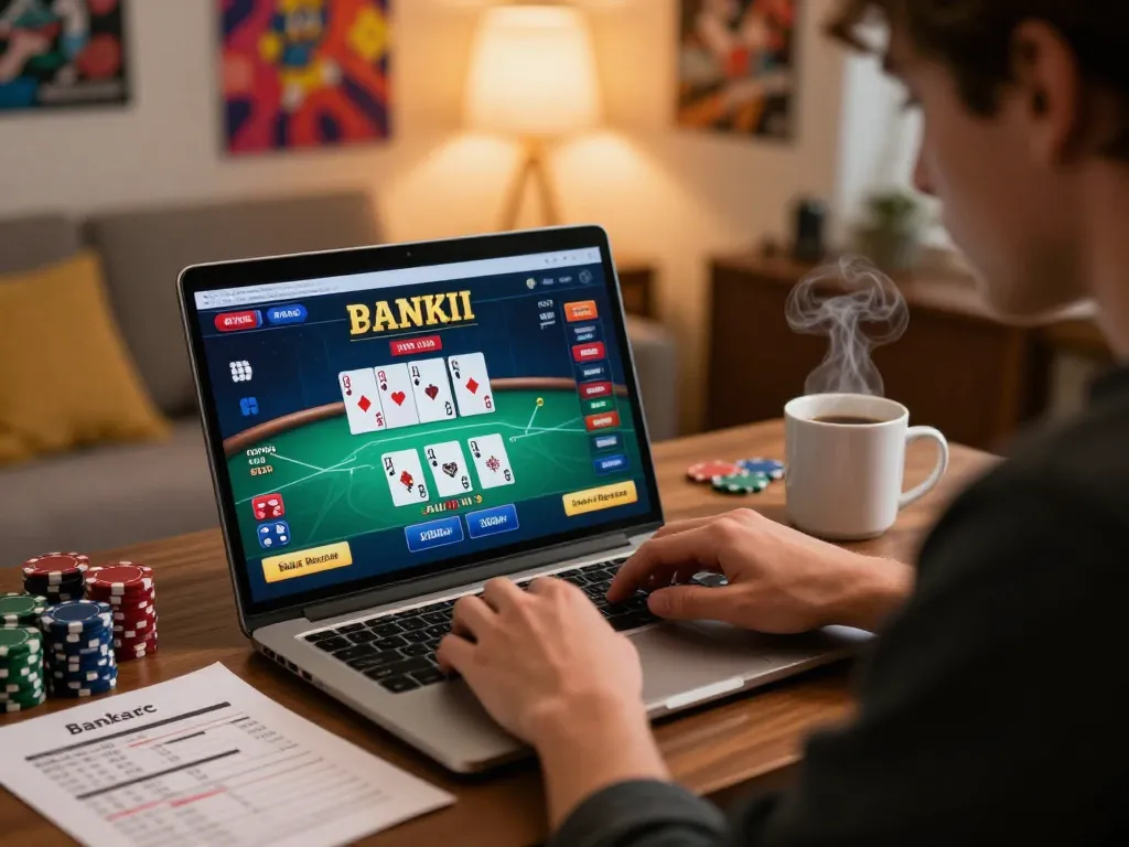 Player at home engaging in online poker showcasing nhà cái uy tín, focused on virtual game with strategy notes.