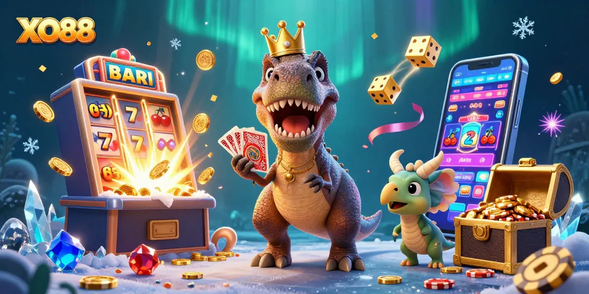XO88 slots and casino scene with a T-Rex and friends celebrating wins amid vibrant elements.
