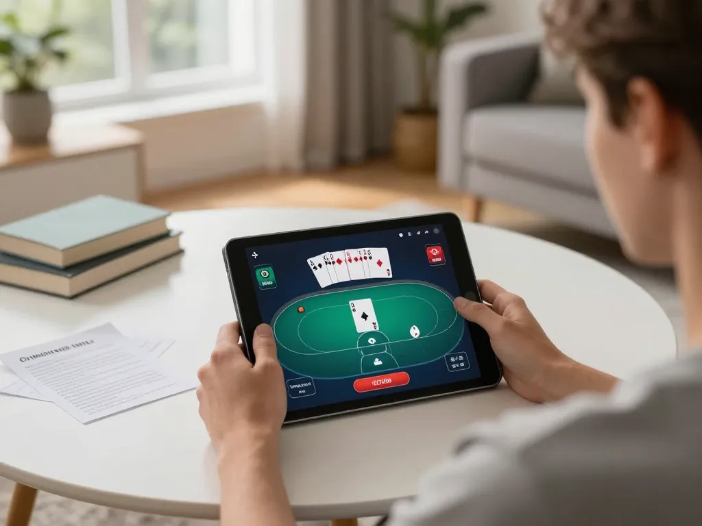 Engaging in online poker on FLY88 with a strategic approach in a cozy home setting.