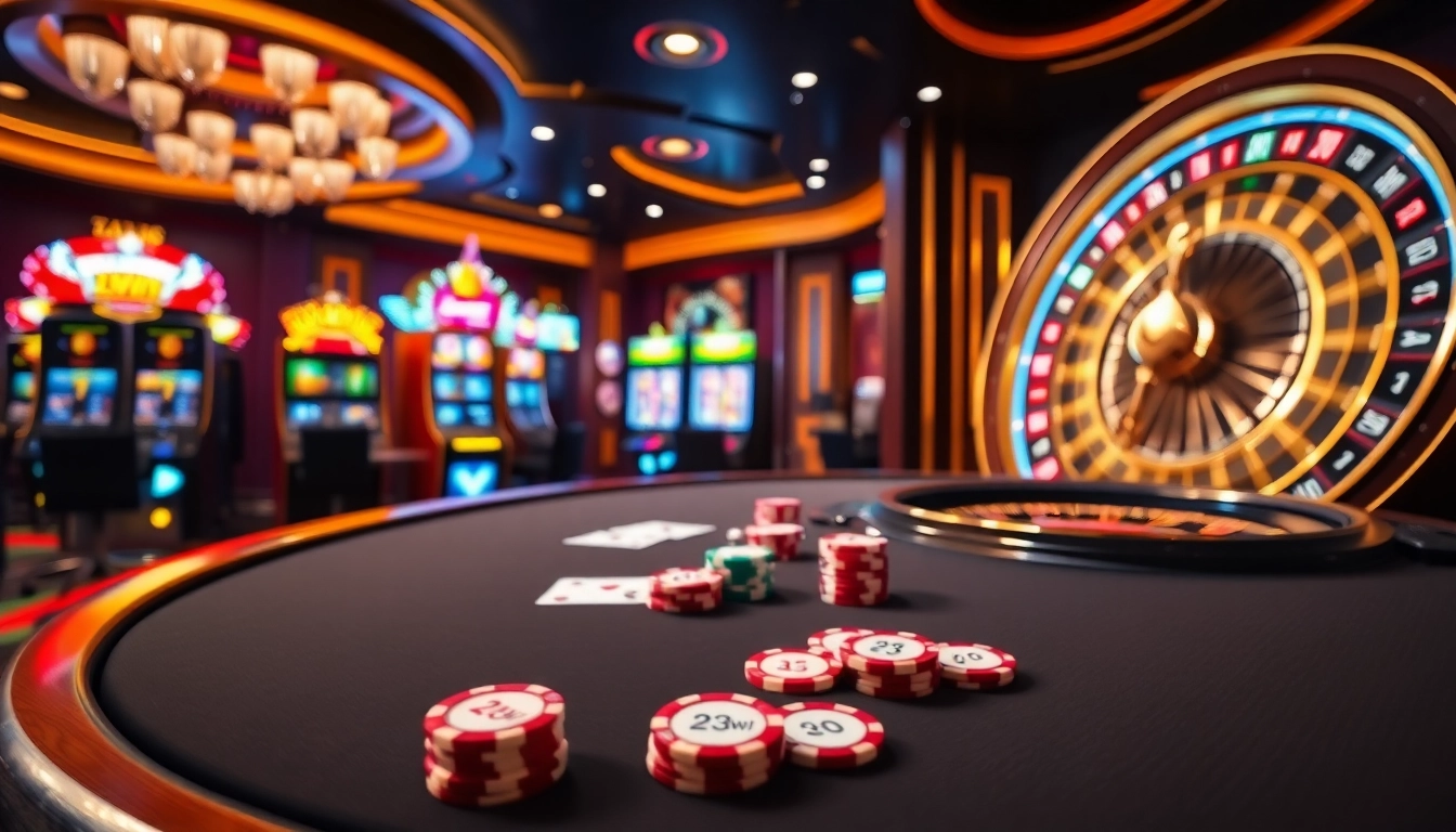 Players enjoying intense poker games and vibrant slot machines at 23win casino.