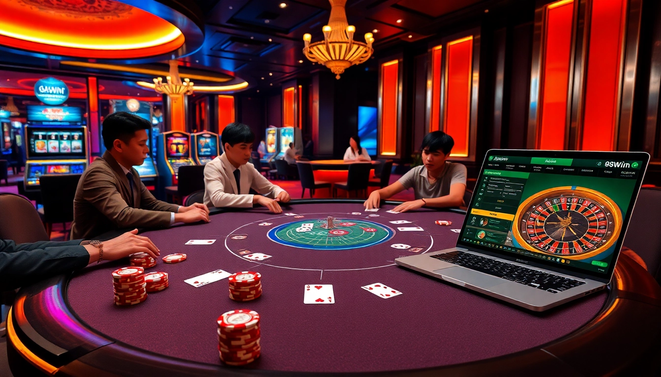 Experience a thrilling poker game at 98Win, showcasing casino chips and vibrant ambiance.