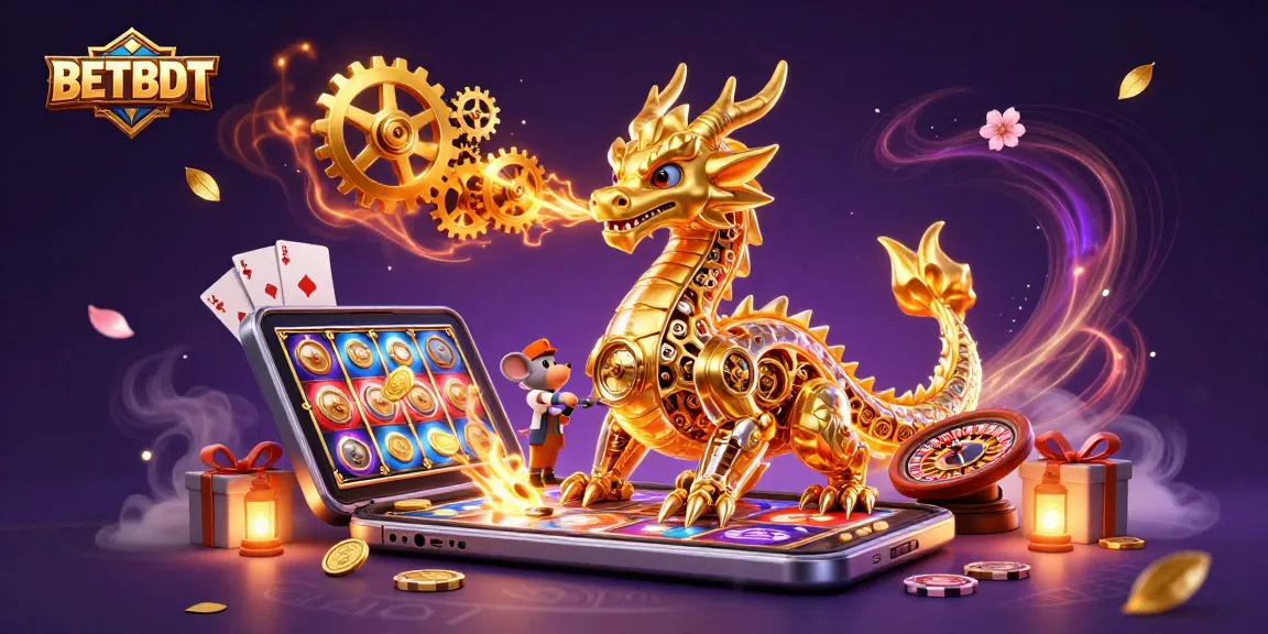Experience thrilling gameplay at BETBDT with golden dragon, slot games, and vibrant casino elements.