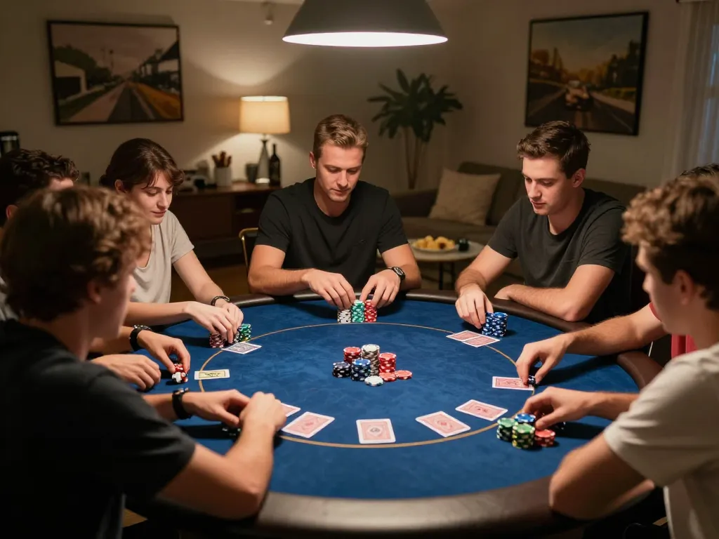 Friends enjoying a lively poker game at home, showcasing engaging moments that reflect the excitement of go89.