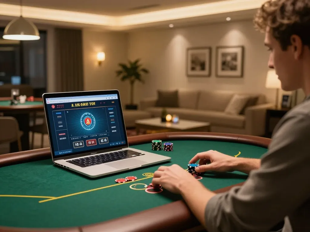 Engaging in an exciting poker game on a laptop, fly888 gaming setup showcasing stylish interior.