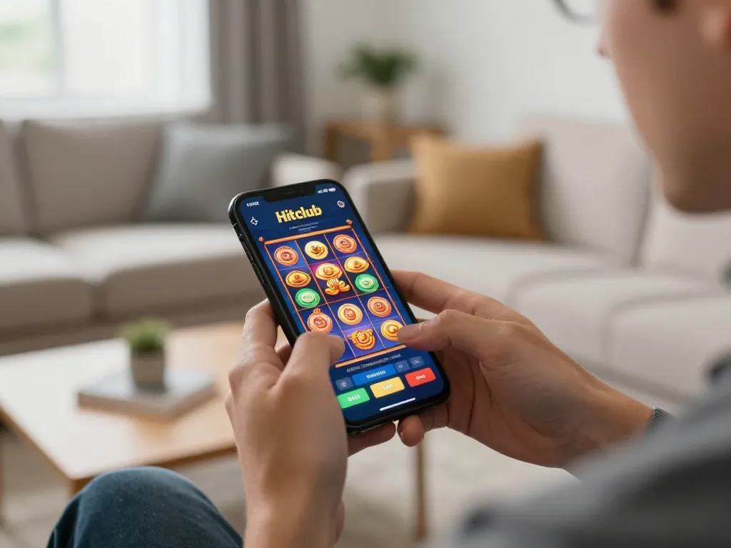 Player engaging with Hitclub mobile app, showcasing excitement of online slot games in a cozy living room.