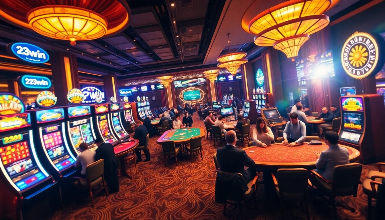 A dynamic casino scene showcasing players at a 23win poker table with vibrant slot machines in the background.