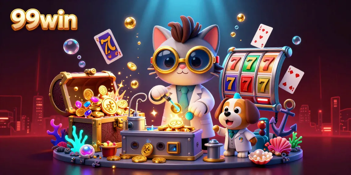 Engage with the excitement of 99win as a mad scientist cat creates a gold-coin machine in a vibrant casino scene.